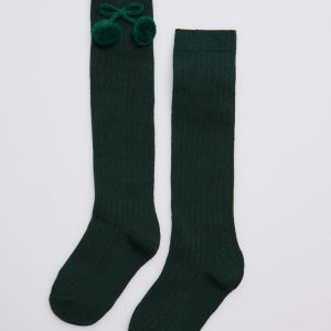 Calzini lunghi con pompon verde bottiglia