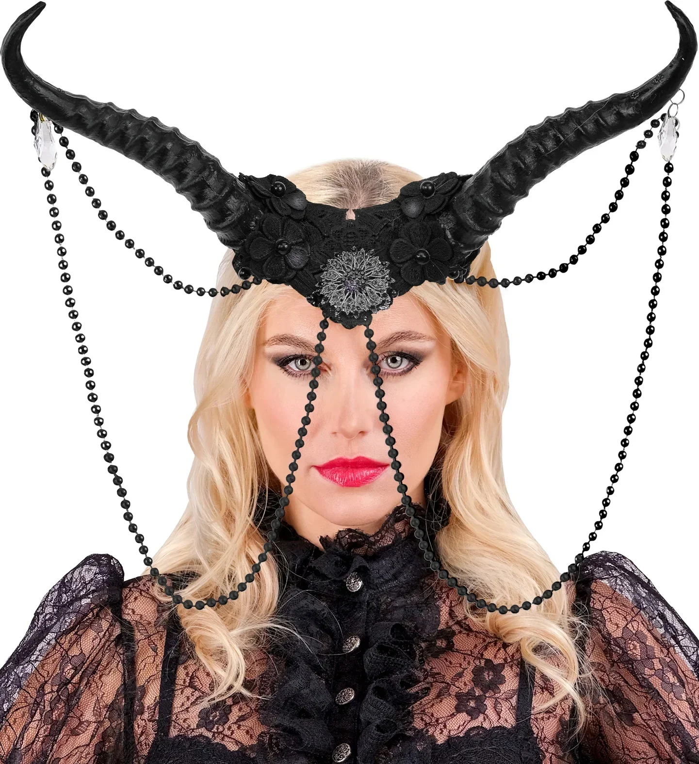 Copricapo con Corna Nere Decorato con Perle - immagine 4