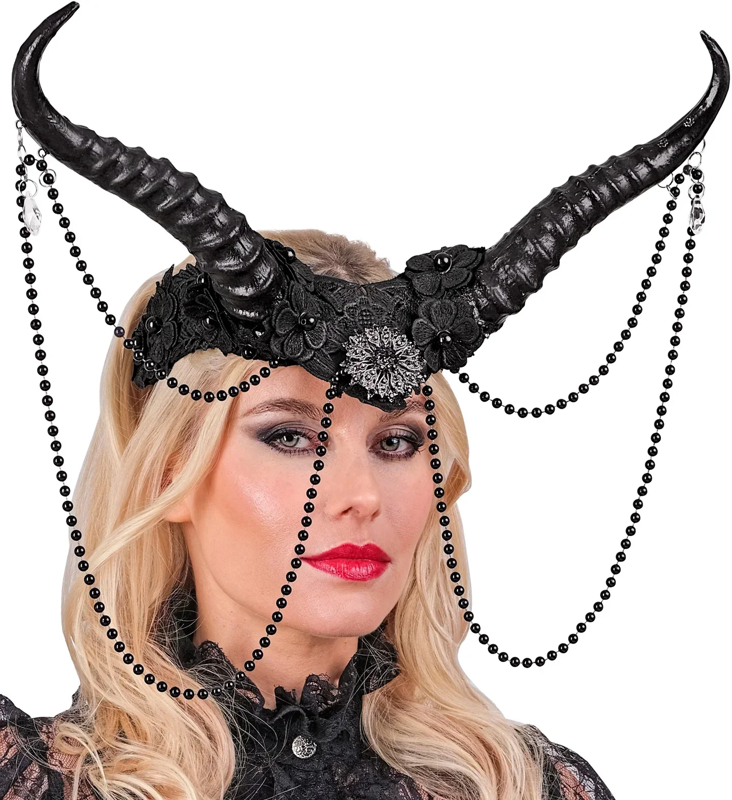 Copricapo con Corna Nere Decorato con Perle - immagine 5