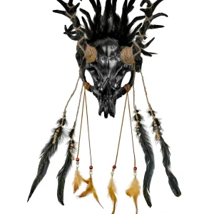 Maschera da Sciamano con Teschio Nero di Cervo e Piume