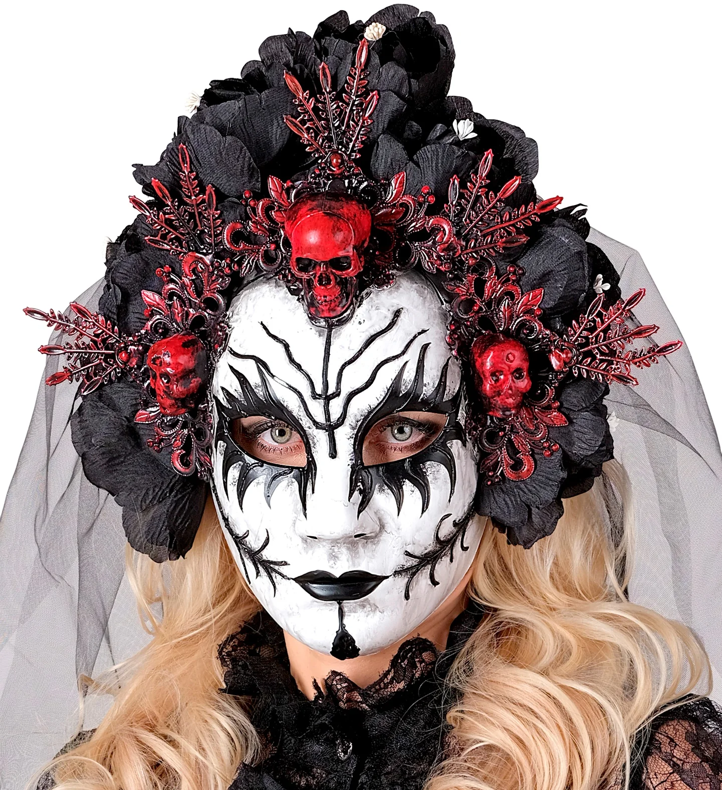 Maschera di Regina della Morte con Rose Nere e Velo - immagine 3