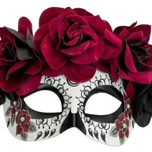 Maschera di Catrina con Rose Nere e Rosso Bordeaux