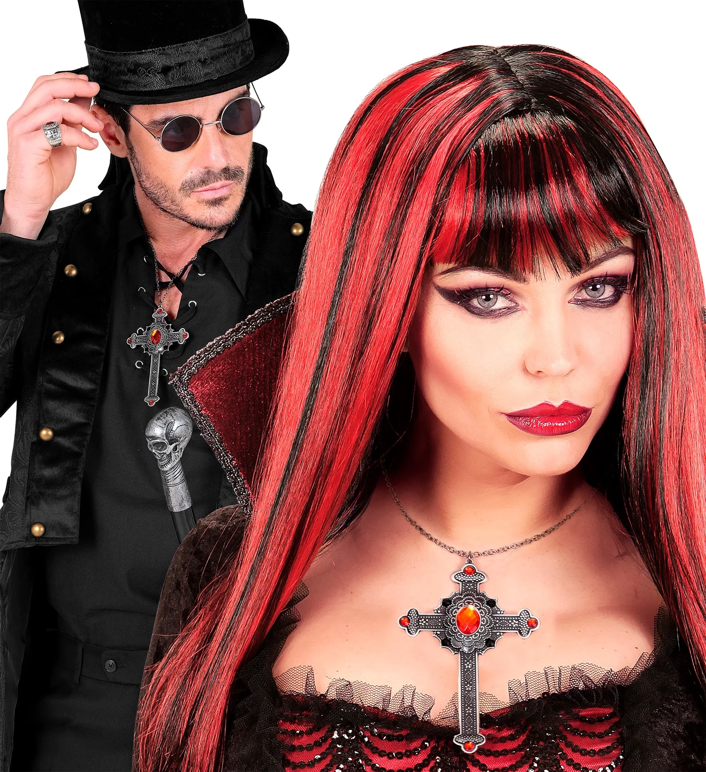 Collare da Vampira con Croce Nera con Gemme Rosse - immagine 5