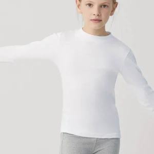 Calda maglietta bianca a maniche lunghe con collo a semi-cigno