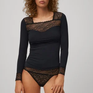 T-shirt nera in pizzo a maniche lunghe con scollo e polsini