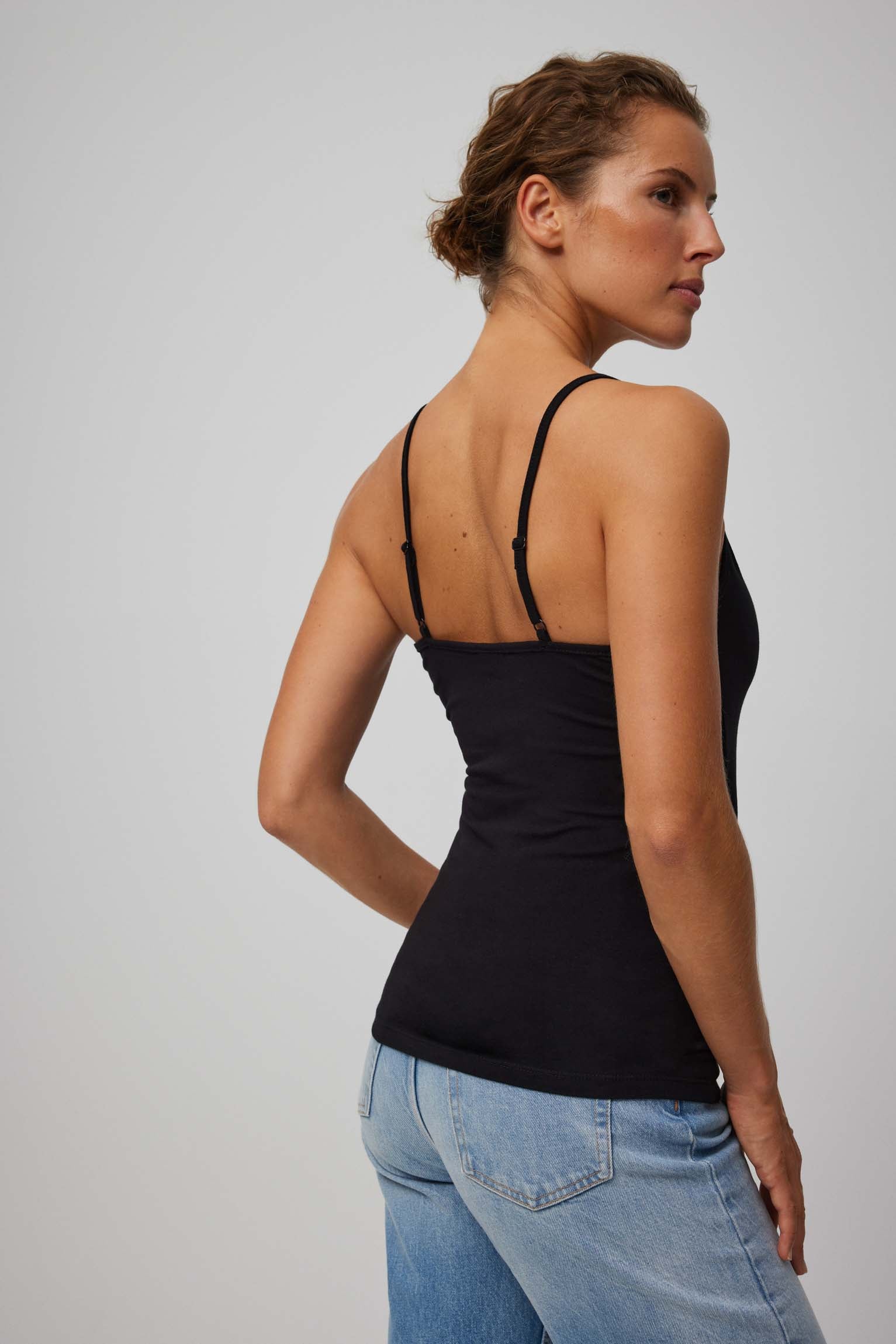 T-shirt lingerie con spalline sottili in cotone nero - immagine 3