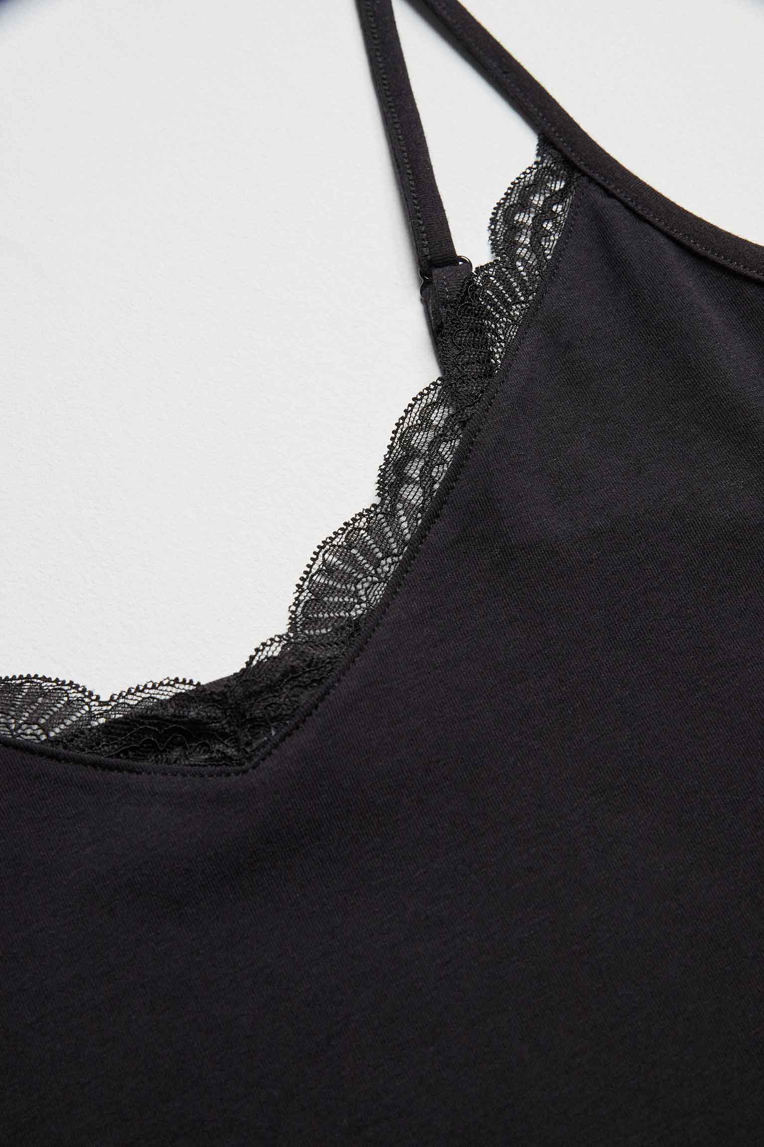 T-shirt lingerie con spalline sottili in cotone nero - immagine 4