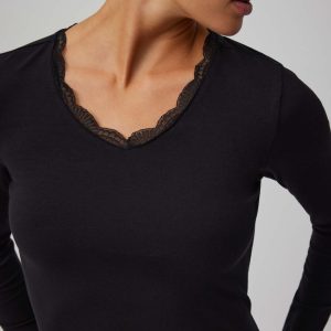 T-shirt lingerie nera a maniche lunghe