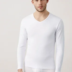 Maglietta bianca a maniche lunghe con scollo a V