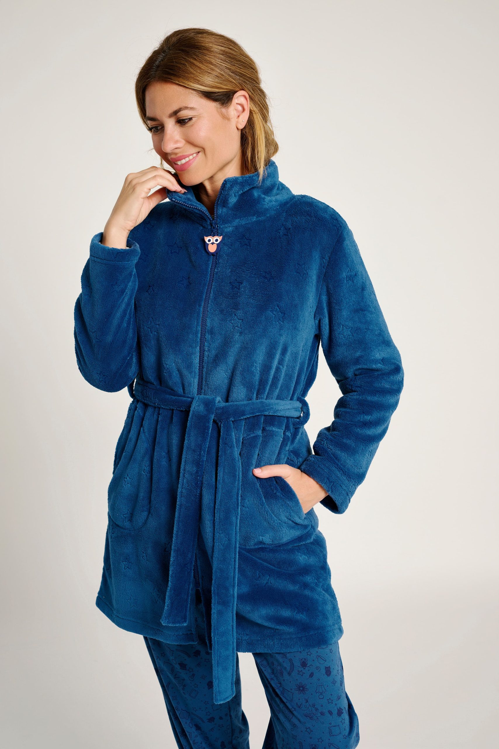 Accappatoio gufo blu con cerniera e cintura | MUYDEMI