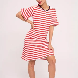 Camicia da notte da donna in cotone con stampa rigata dettaglio volant | MUYDEMI