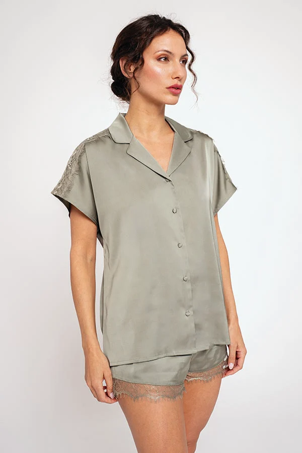 Pigiama donna corto in raso verde | MUYDEMI - immagine 2