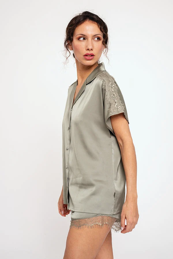 Pigiama donna corto in raso verde | MUYDEMI - immagine 3