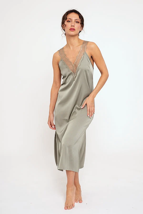 Camicia da notte midi da donna in raso verde | MUYDEMI - immagine 2