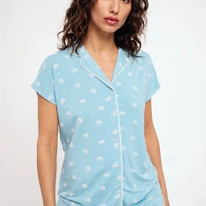Pigiama donna con bottoni corti stampato blu | MUYDEMI