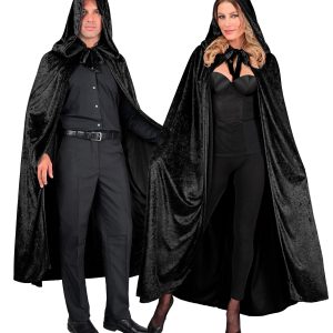 Mantello Nero di Velluto con Cappuccio per Adulto