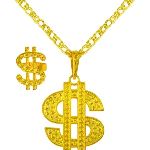 Collare e Anello Dorati con il Simbolo del Dollaro