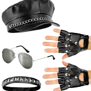 Kit da Motociclista Rockero con Cappello, Guanti, Collana e Occhiali