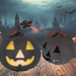 Zucca Metallica Nera e Arancione con Luce Multicolore