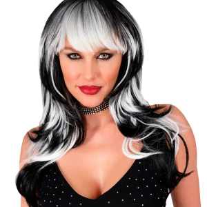 Parrucca Rockera Mora con Meches Bianche e Frangia