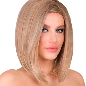 Parrucca castana con mèches bionde e mezza chioma liscia