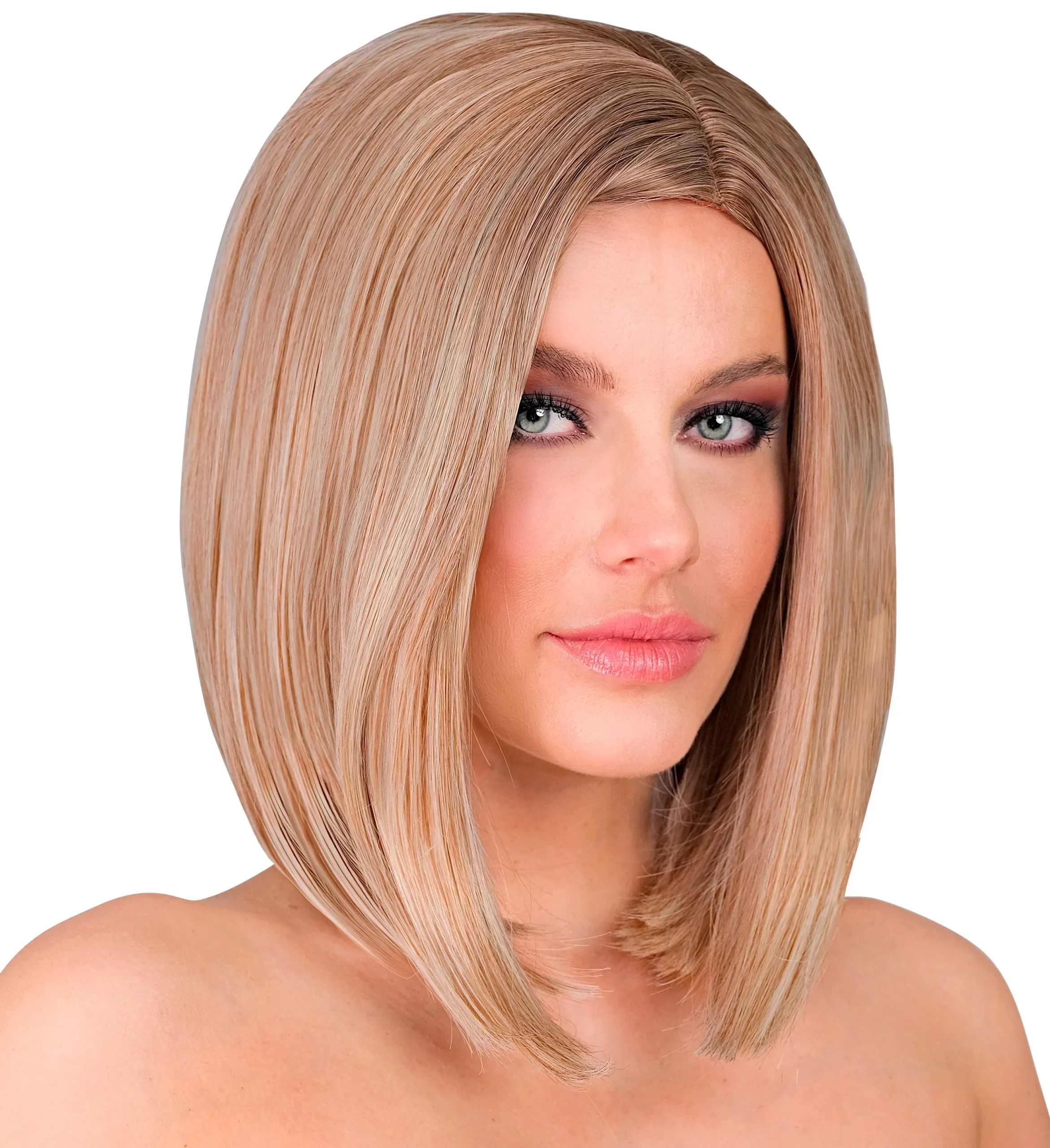 Parrucca castana con mèches bionde e mezza chioma liscia