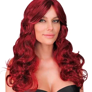 Parrucca mogano con lunga criniera ondulata e frangia aperta