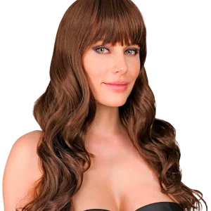 Parrucca Castana con Capelli Lunghi Ondulati e Frangia Dritta