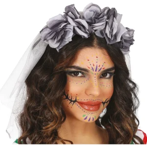 Cerchietto di Catrina con Fiori Grigi e Velo
