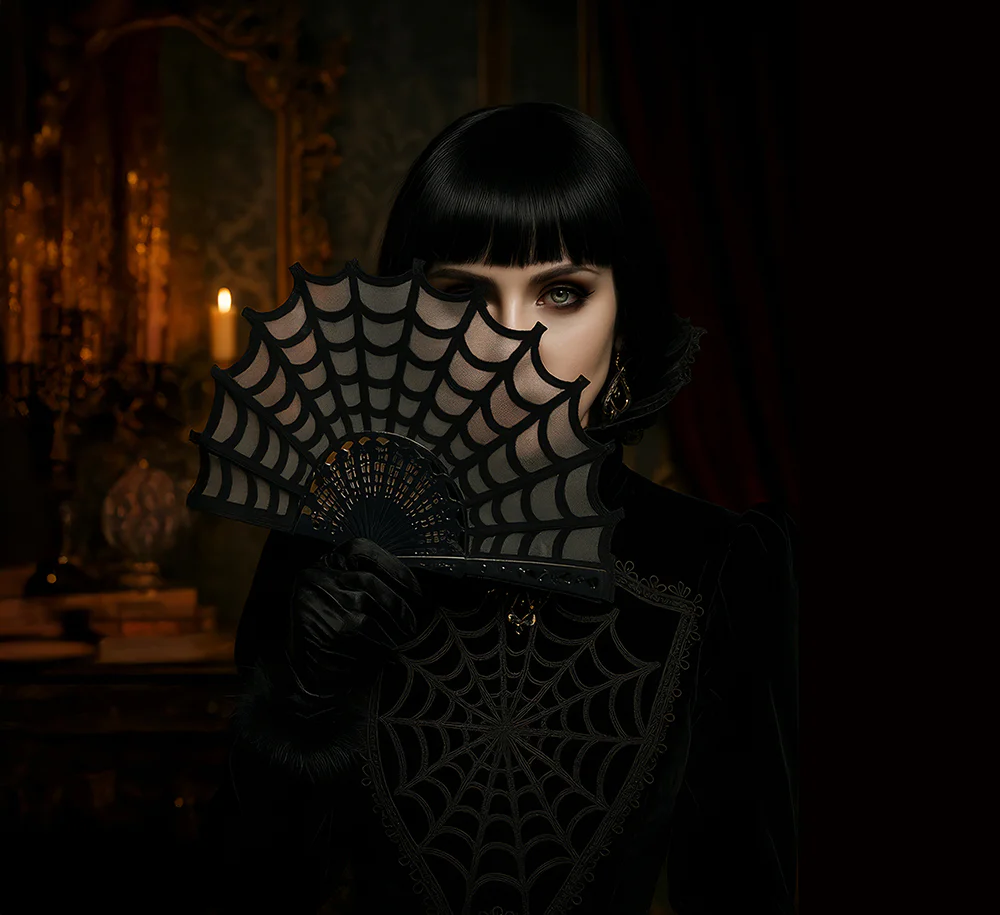 Ventaglio Gotico Nero con Ragnatela - immagine 3