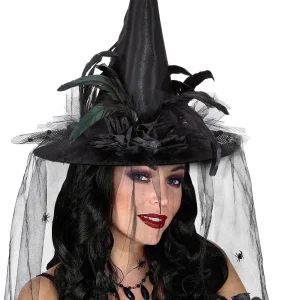 Cappello da Strega Nero con Velo, Fiori e Piume