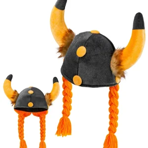 Cappello Vichingo con Corna e Treccine Arancioni