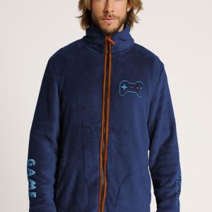 Accappatoio da uomo con collo alto e cerniera Game blu navy | MUYDEMI