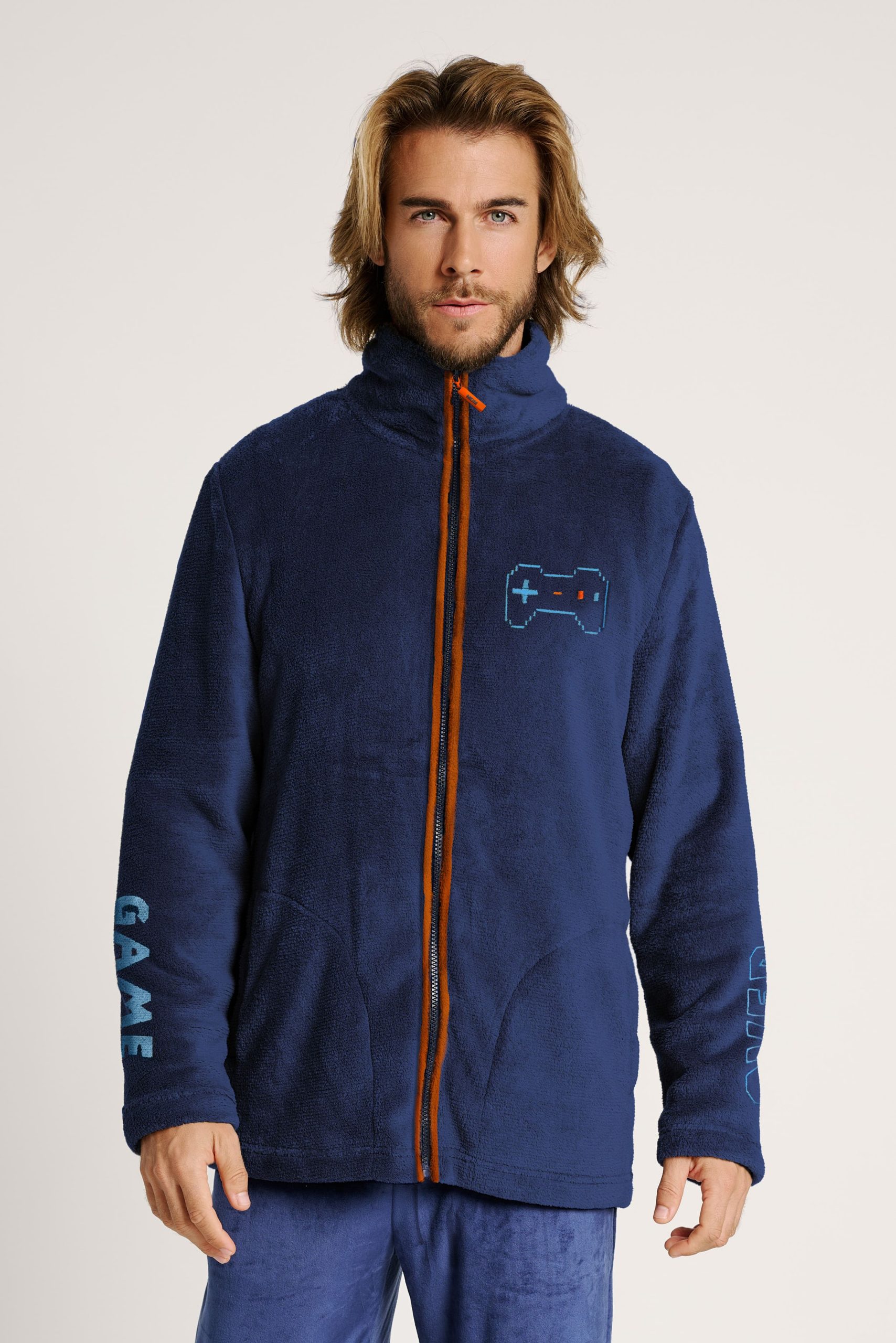 Accappatoio da uomo con collo alto e cerniera Game blu navy | MUYDEMI