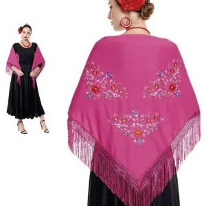 Mantón de Sevillana o Chulapa Rosa Fucsia con Bordado