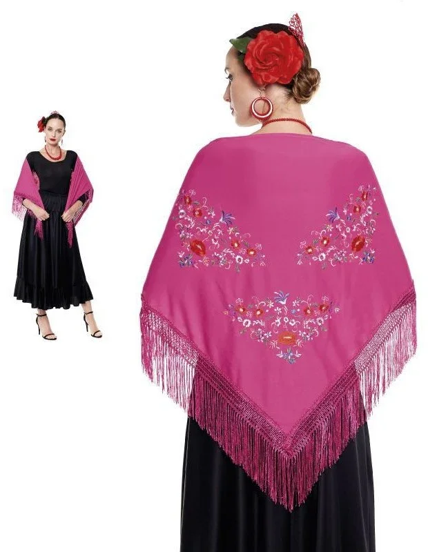 Mantón de Sevillana o Chulapa Rosa Fucsia con Bordado