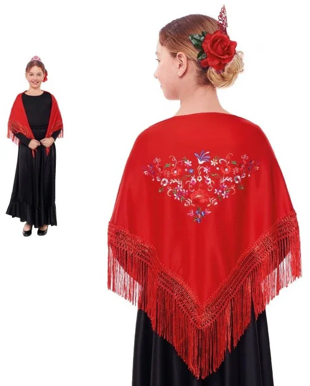 Mantón de Sevillana o Chulapa Rosso Ricamato per Bambina - immagine 2