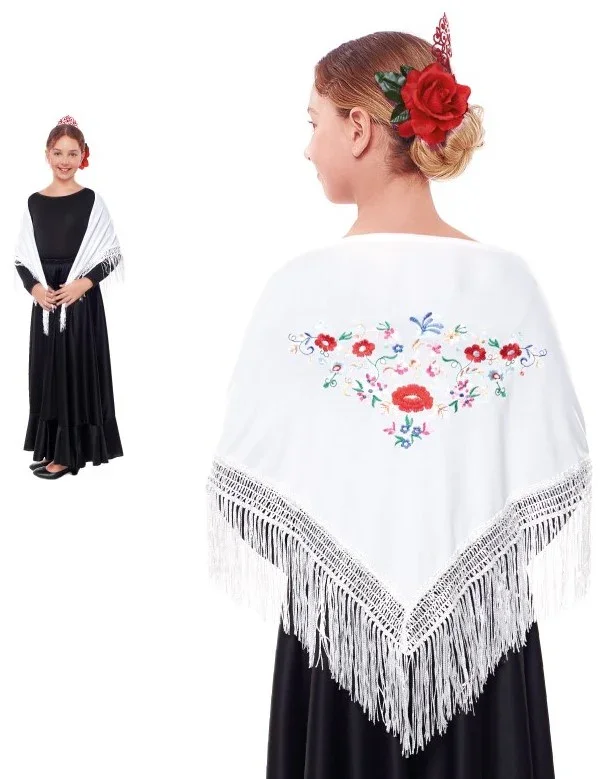 Mantón de Sevillana o Chulapa Bianco Ricamato per Bambina - immagine 2