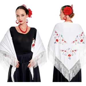 Mantón de Sevillana o Chulapa Bianco con Ricamo