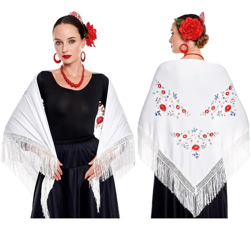 Mantón de Sevillana o Chulapa Bianco con Ricamo - immagine 2