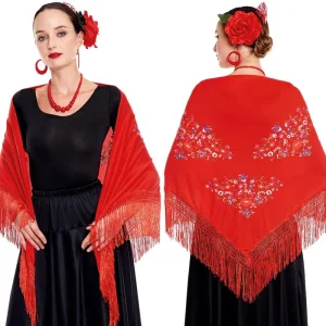 Mantón de Sevillana o Chulapa Rosso con Ricamo
