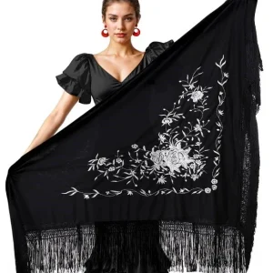 Mantón de Sevillana Nero con Ricamo Bianco