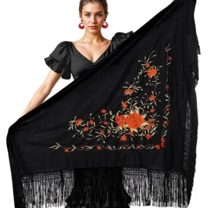 Mantón de Sevillana Nero con Ricamo Rosso e Dorato