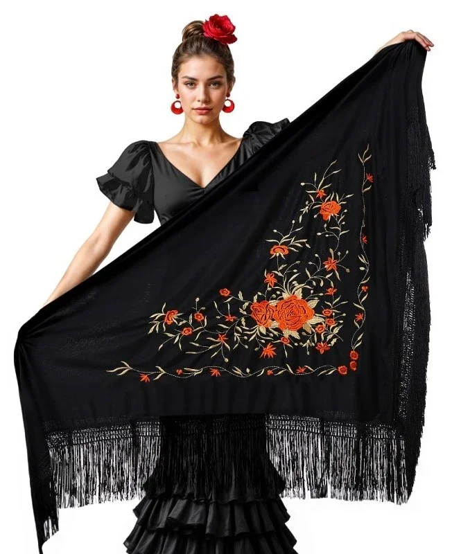 Mantón de Sevillana Nero con Ricamo Rosso e Dorato