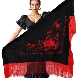 Mantón de Sevillana Nero con Ricamo Rosso