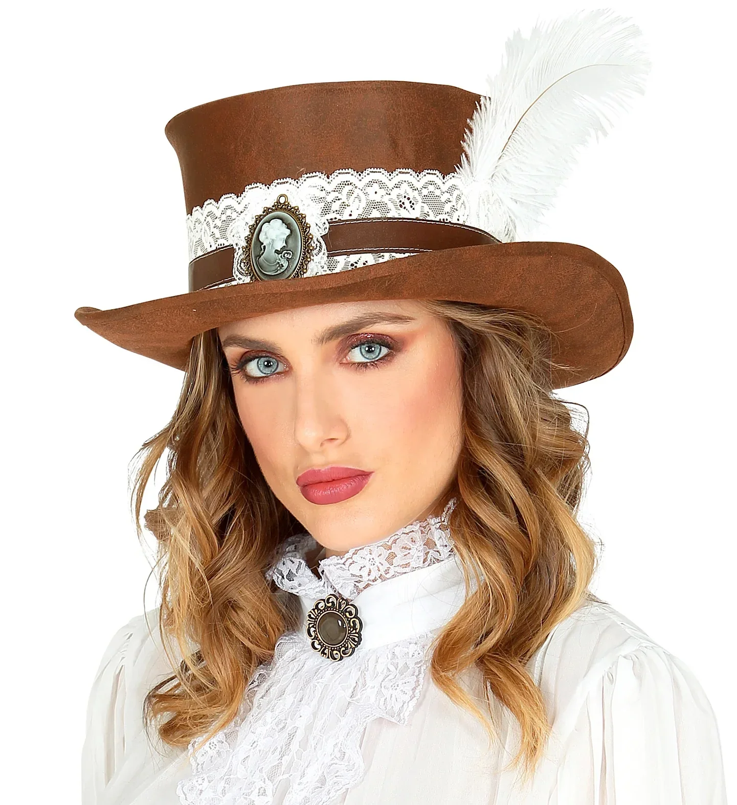 Cappello Steampunk Effetto Cuoio Marrone con Piuma - immagine 3