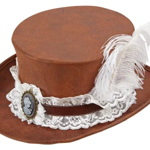 Cappello Steampunk Effetto Cuoio Marrone con Piuma