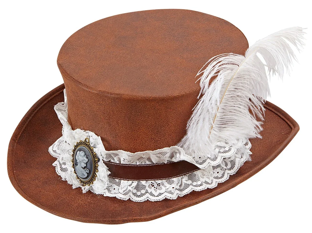Cappello Steampunk Effetto Cuoio Marrone con Piuma - immagine 2