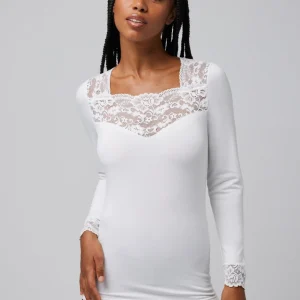 T-shirt termica in pizzo avorio a maniche lunghe