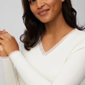 T-shirt termica avorio con controllo della temperatura e dettaglio in pizzo a maniche lunghe